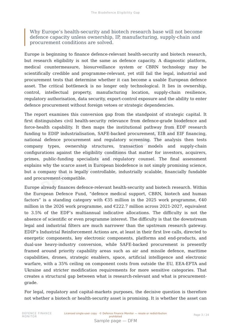 Sample page from “The Biodefence Eligibility Gap” — 25-page report