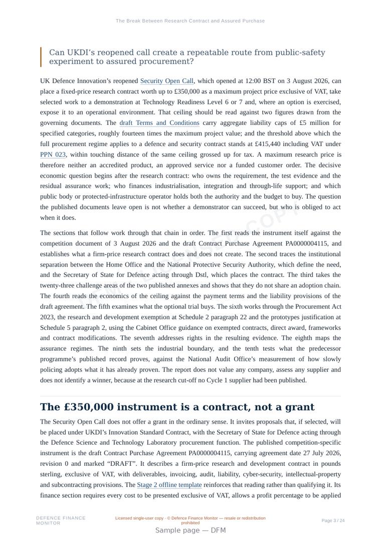 Sample page from “The Break Between Research Contract and Assured Purchase” — 25-page report