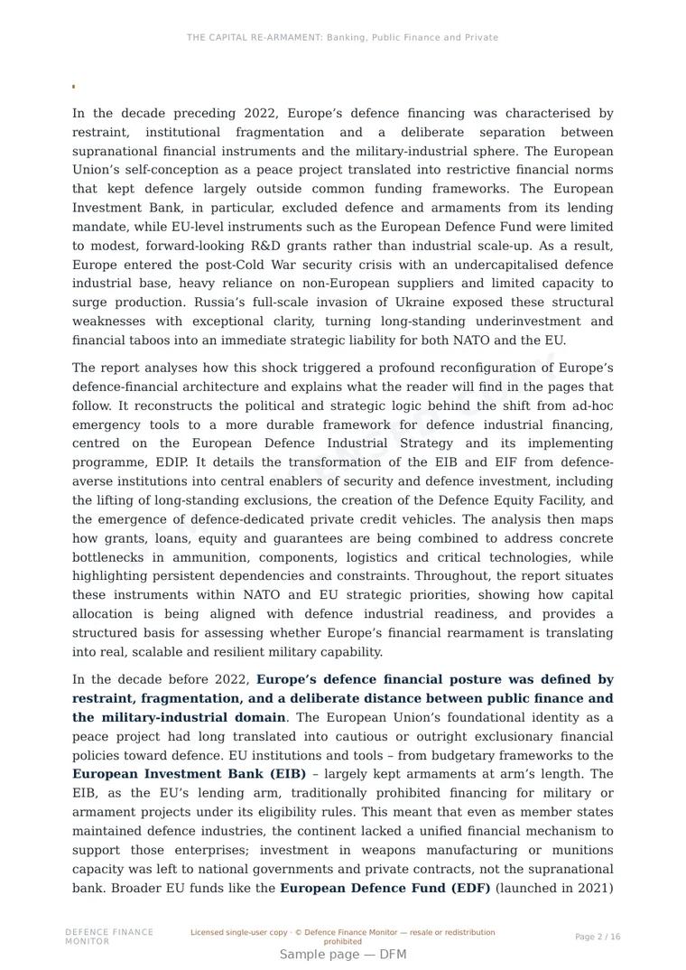 Sample page from “THE CAPITAL RE-ARMAMENT: Banking, Public Finance and Private Credit for Defence Industrial Readiness” — 17-page report