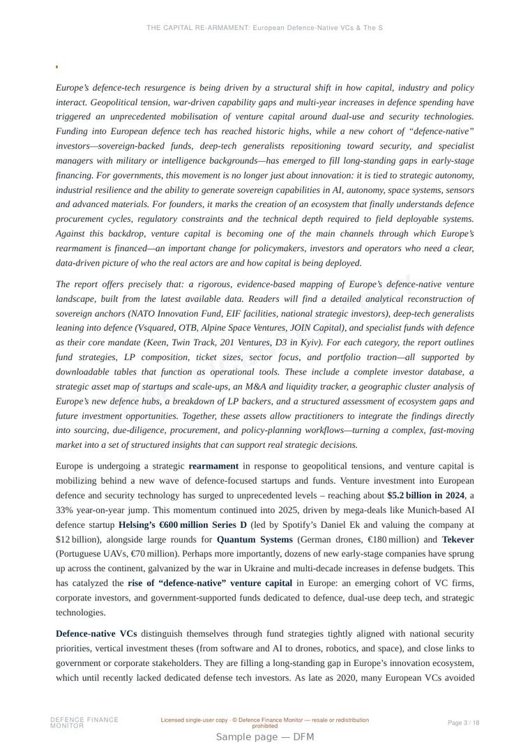 Sample page from “THE CAPITAL RE-ARMAMENT: European Defence-Native VCs & The Strategic Asset Map (2025 Outlook)” — 19-page report