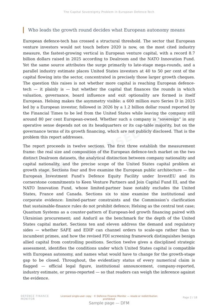 Sample page from “The Capital Sovereignty Problem in European Defence-Tech” — 19-page report