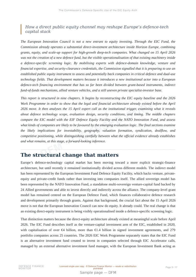 Sample page from “The Commission’s Defence-Specific Use of the EIC Equity Architecture” — 18-page report