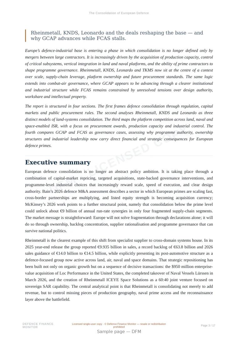 Sample page from “The Consolidation of European Defence” — 18-page report