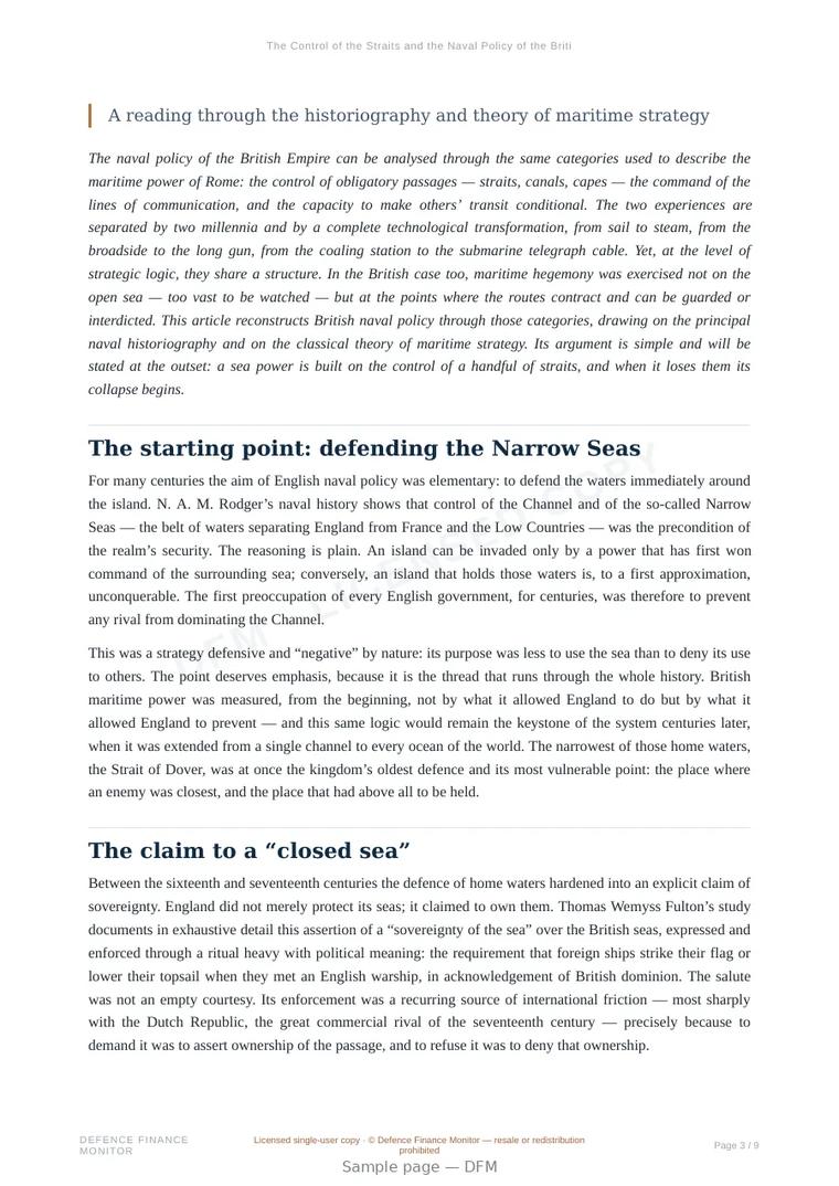 Sample page from “The Control of the Straits and the Naval Policy of the British Empire” — 10-page report