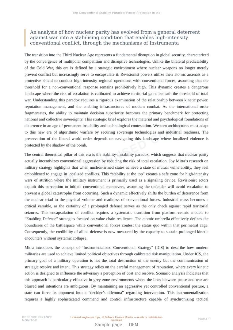 Sample page from “The Conventional Stability Paradox: Power Projection in the Third Nuclear Age” — 8-page report
