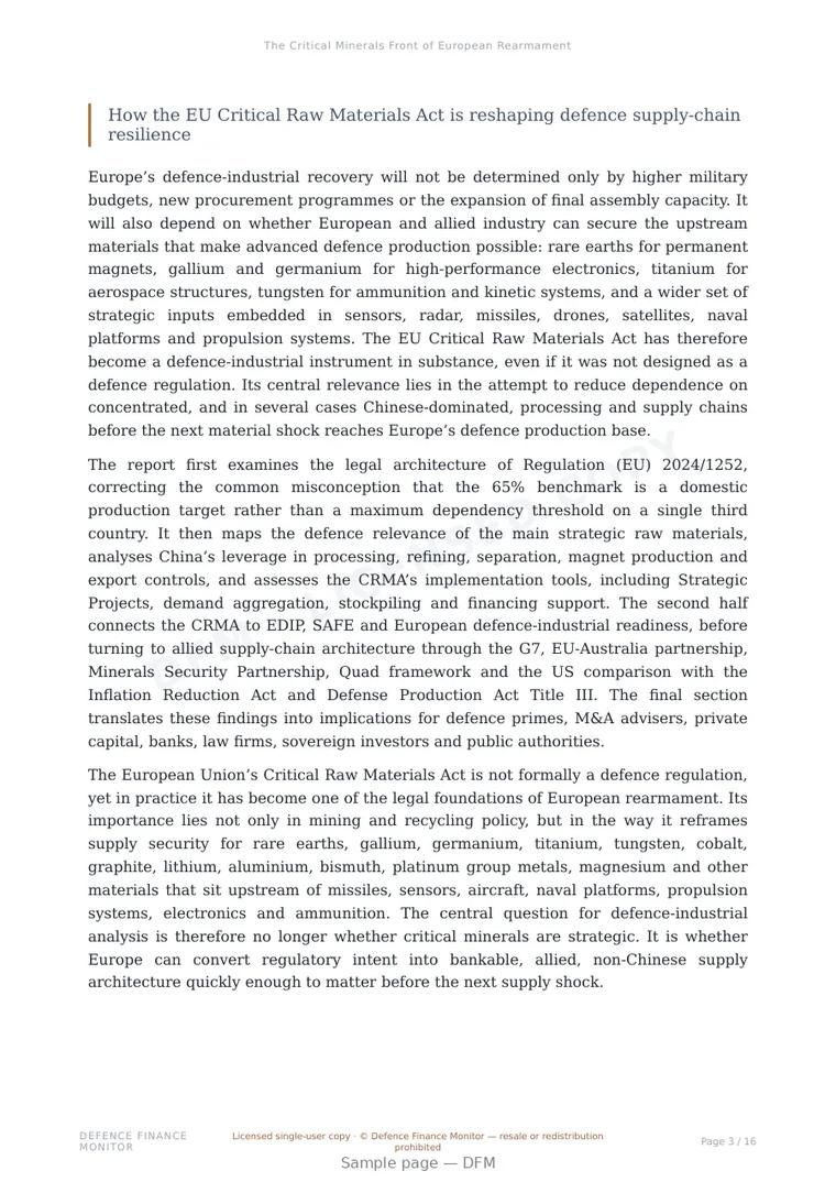 Sample page from “The Critical Minerals Front of European Rearmament” — 17-page report