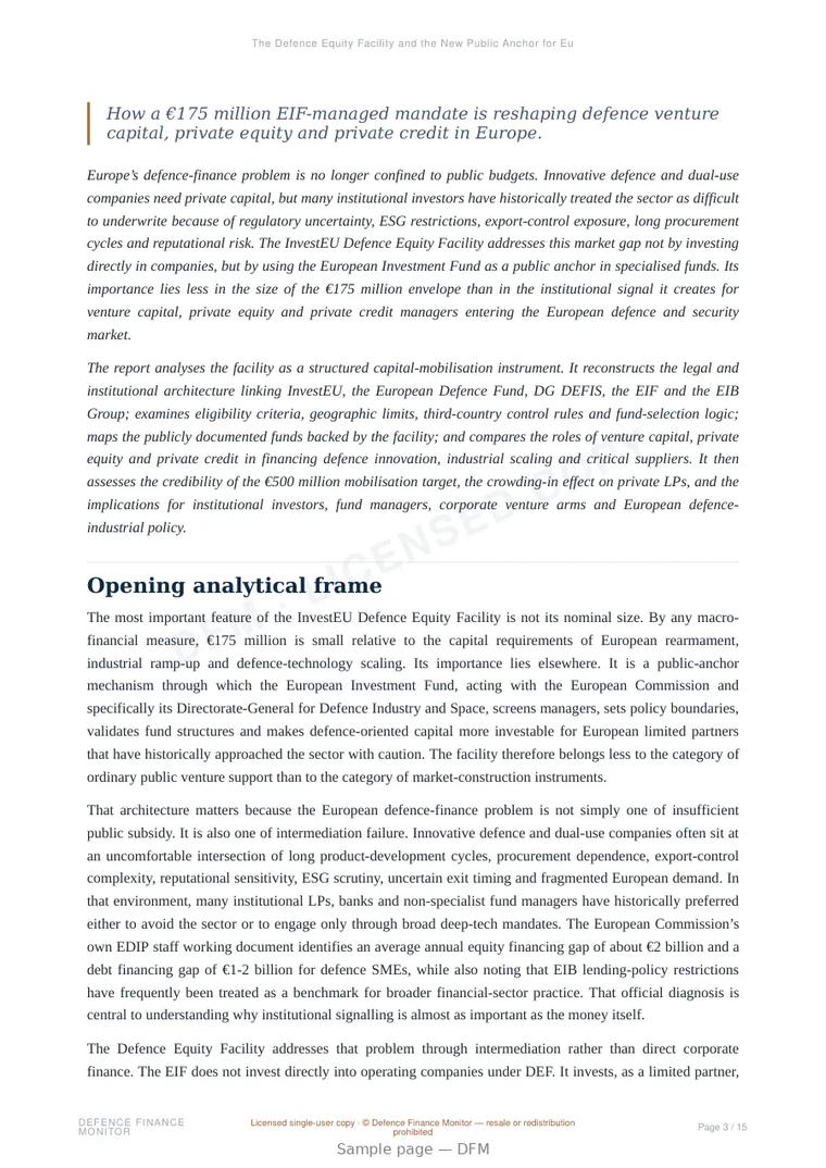 Sample page from “The Defence Equity Facility and the New Public Anchor for European Defence Capital” — 16-page report