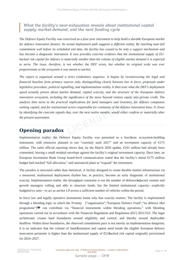 Sample page from “The Defence Equity Facility and the Structural Undersizing of EU Defence Risk Capital” — 17-page report