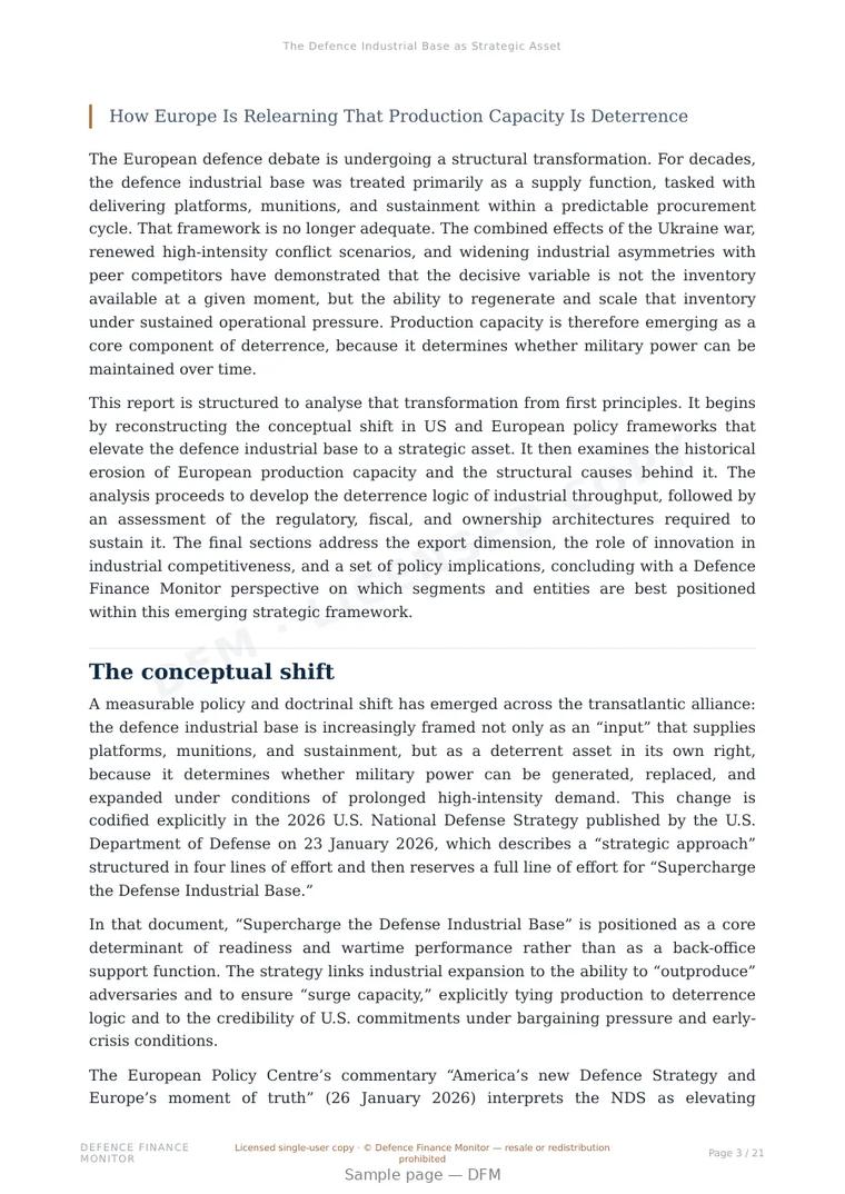 Sample page from “The Defence Industrial Base as Strategic Asset” — 22-page report