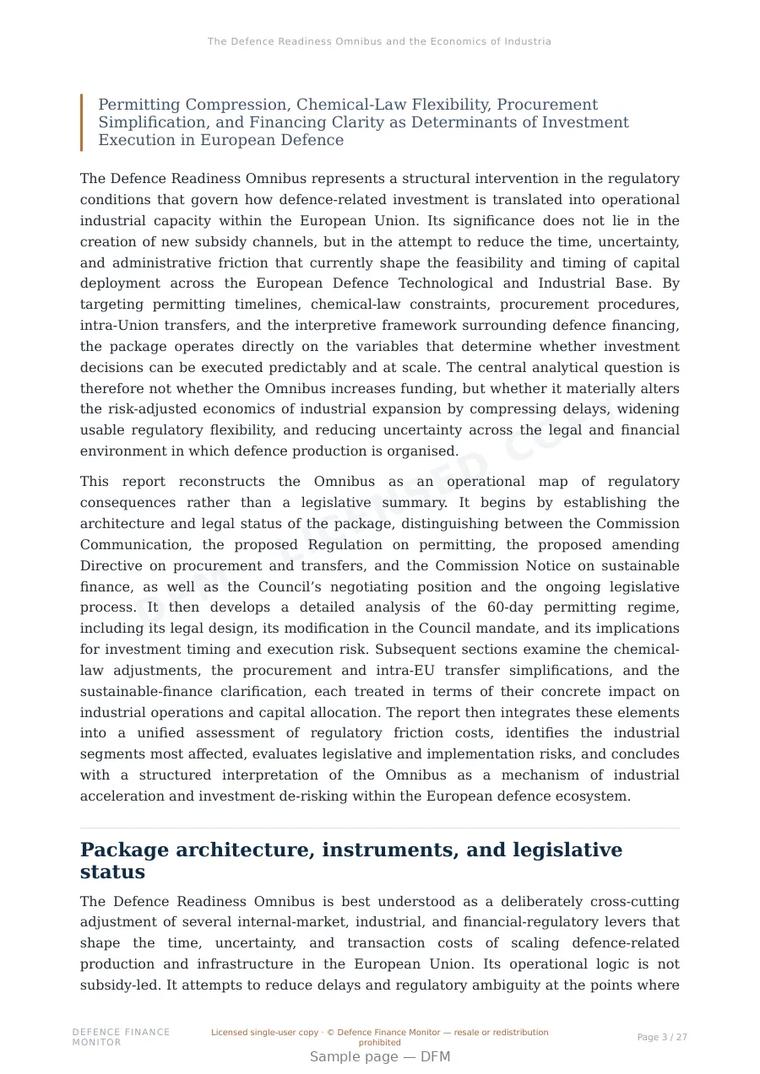 Sample page from “The Defence Readiness Omnibus and the Economics of Industrial Acceleration in the European Defence Technological and Industrial Base” — 28-page report