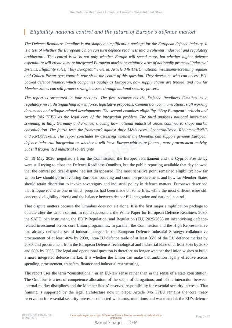 Sample page from “The Defence Readiness Omnibus: Europe’s Constitutional Stress Test for Defence-Industrial Integration” — 18-page report