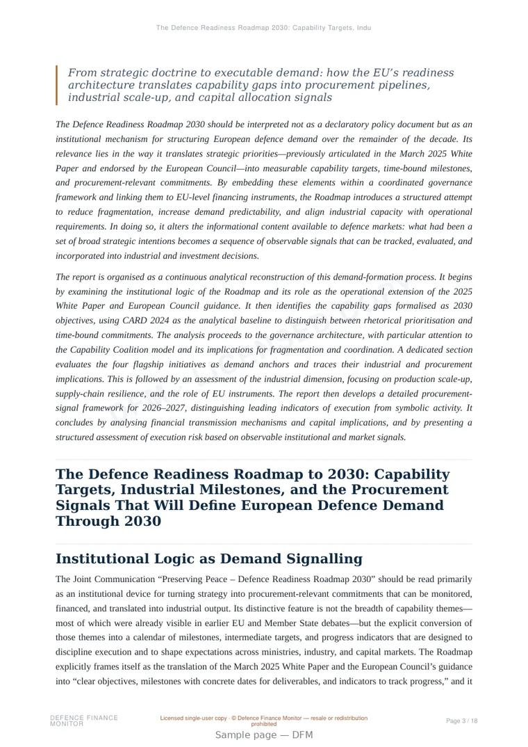 Sample page from “The Defence Readiness Roadmap 2030: Capability Targets, Industrial Milestones, and the Procurement Signals Defining European Defence Demand” — 19-page report