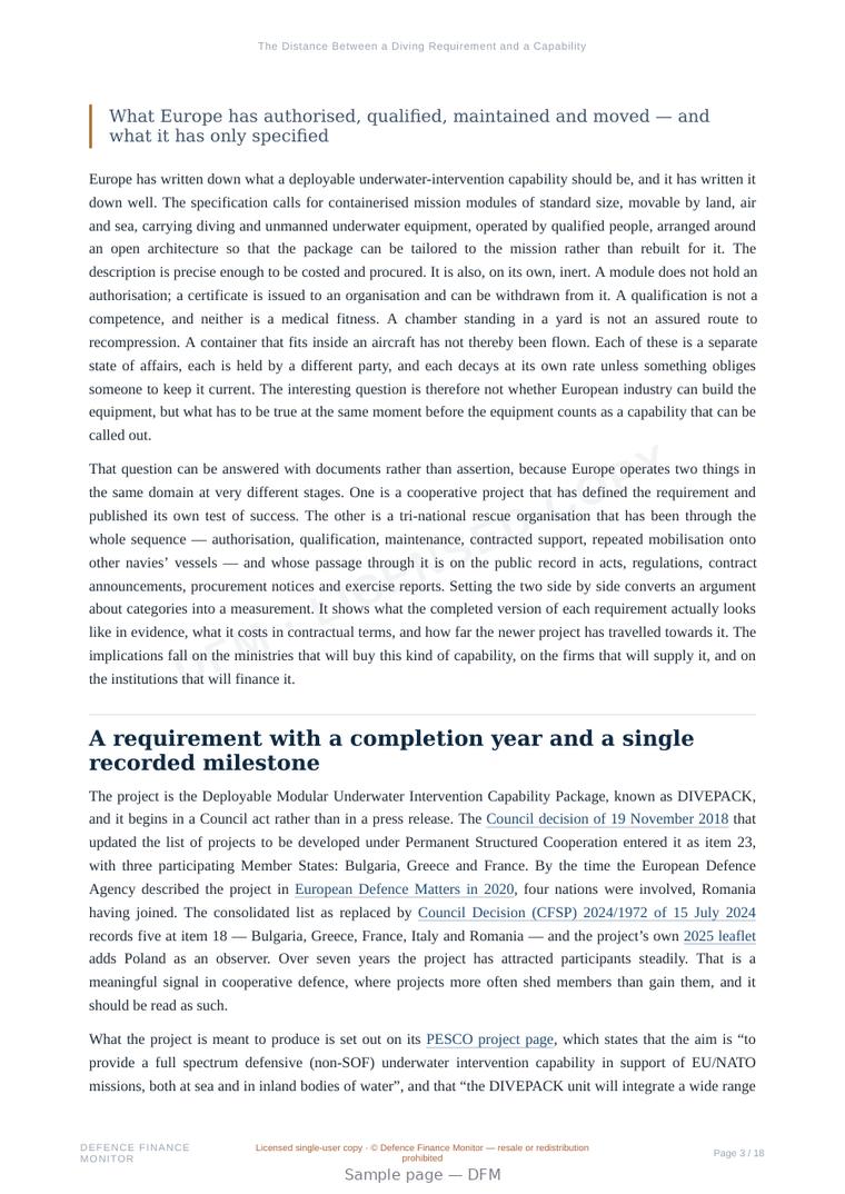 Sample page from “The Distance Between a Diving Requirement and a Capability” — 19-page report
