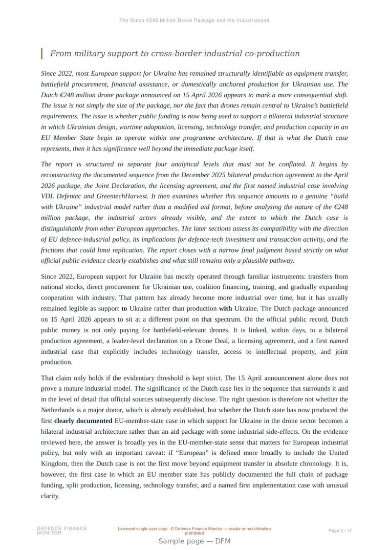 Sample page from “The Dutch €248 Million Drone Package and the Industrialisation of the “Build with Ukraine” Model” — 18-page report