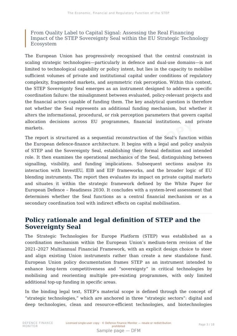 Sample page from “The Economic, Financial and Regulatory Function of the STEP Sovereignty Seal in Mobilising Private Capital and Institutional Lending for the EU Defence, Dual-Use and Strategic Technology Ecosystem” — 19-page report
