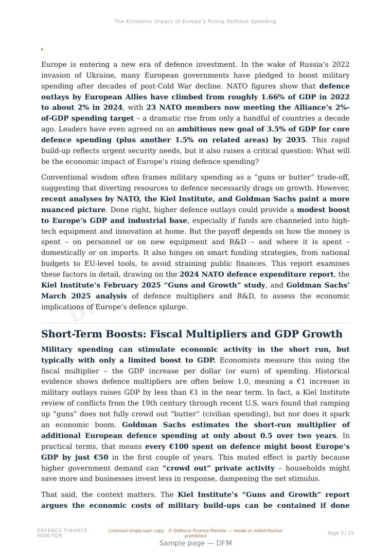 Sample page from “The Economic Impact of Europe’s Rising Defence Spending” — 16-page report
