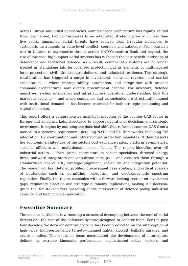 Sample page from “The Economics of Counter-Drone Architectures” — 21-page report