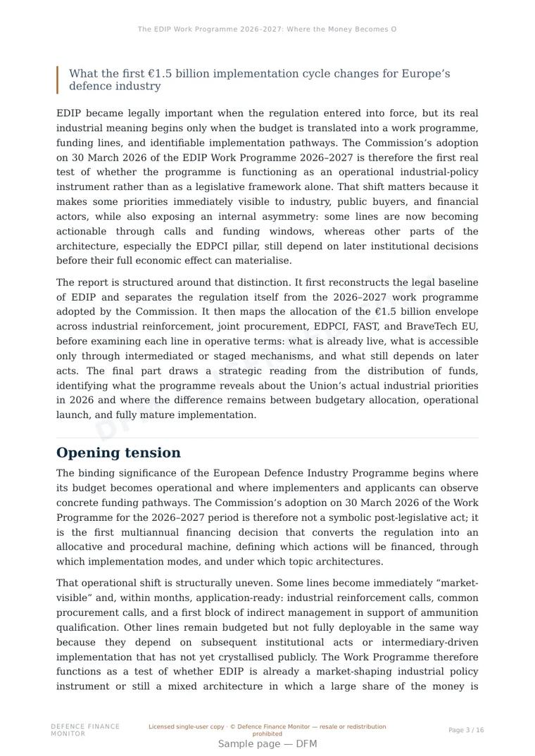 Sample page from “The EDIP Work Programme 2026–2027: Where the Money Becomes Operational and Where the Architecture Still Waits” — 17-page report
