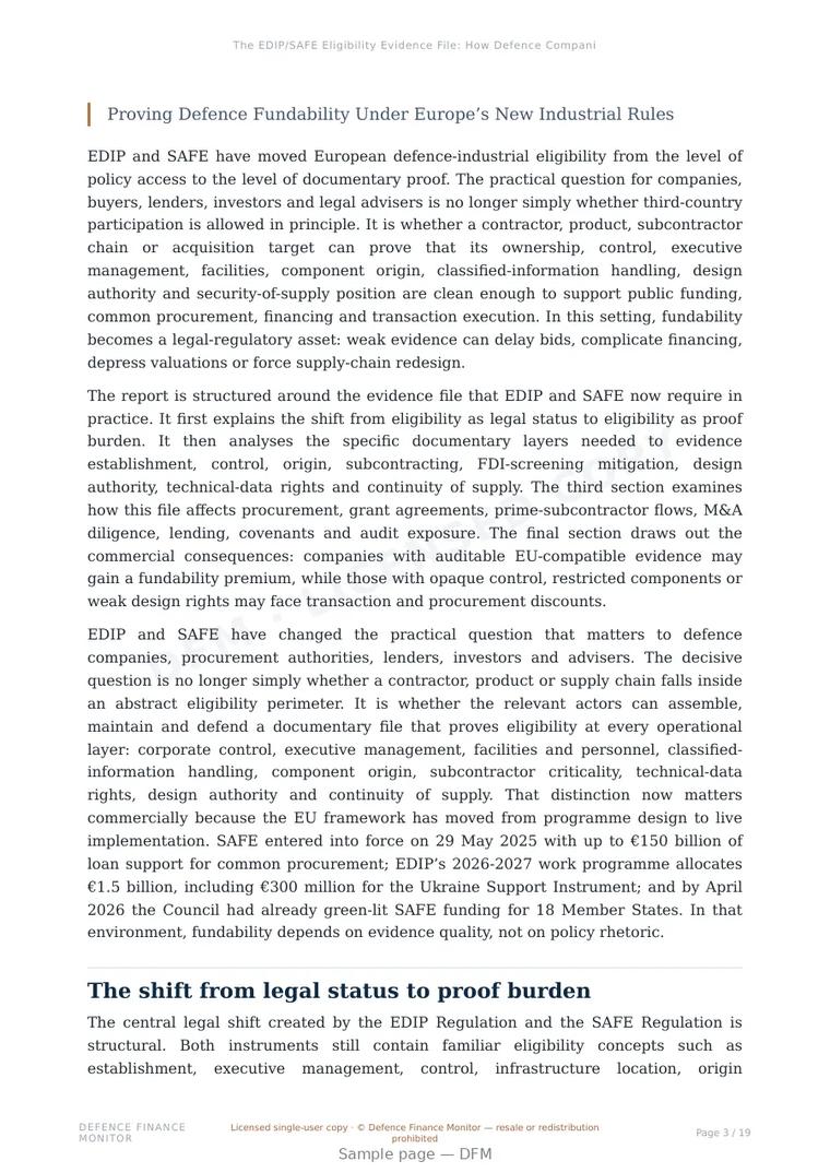 Sample page from “The EDIP/SAFE Eligibility Evidence File: How Defence Companies, Buyers and Advisors Prove Fundability” — 20-page report