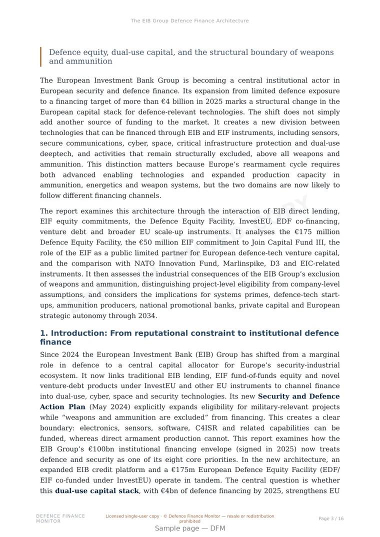 Sample page from “The EIB Group Defence Finance Architecture” — 17-page report
