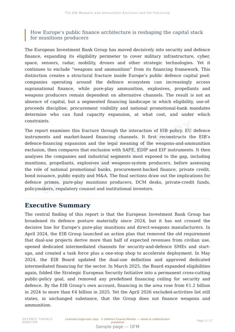 Sample page from “The EIB Weapons and Ammunition Exclusion and the Fracturing of Europe’s Defence Capital Pool” — 18-page report
