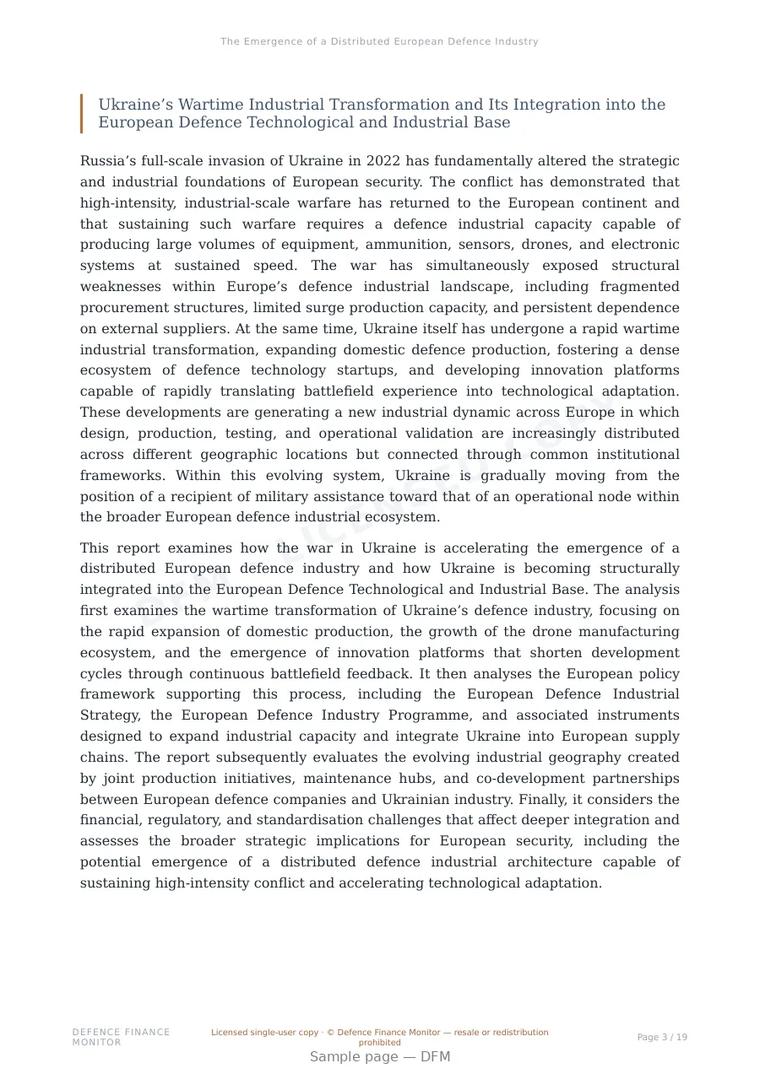Sample page from “The Emergence of a Distributed European Defence Industry” — 20-page report