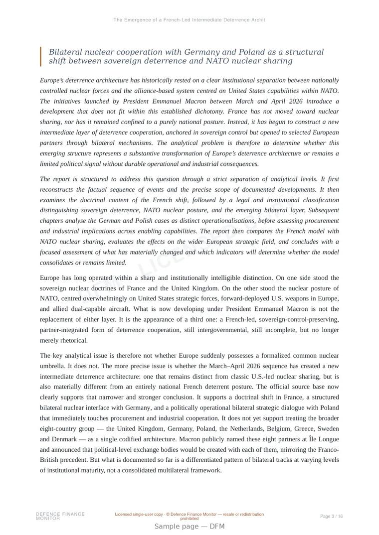 Sample page from “The Emergence of a French-Led Intermediate Deterrence Architecture in Europe” — 17-page report