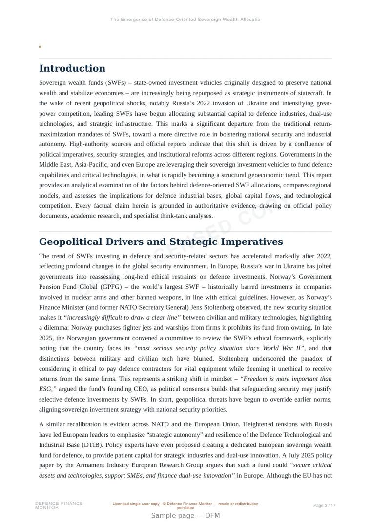 Sample page from “The Emergence of Defence-Oriented Sovereign Wealth Allocations” — 18-page report