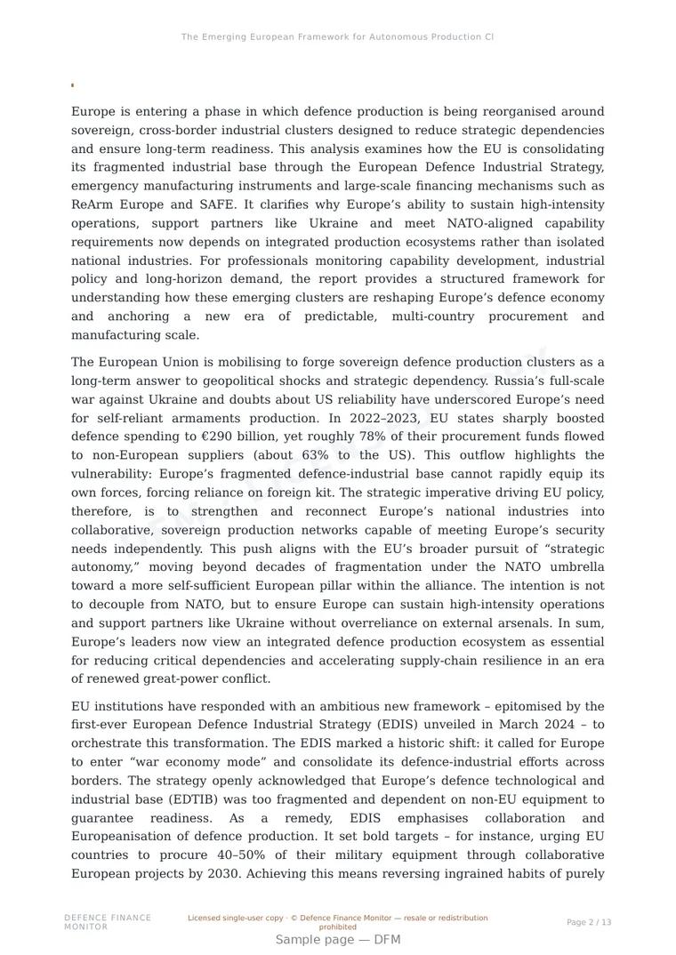 Sample page from “The Emerging European Framework for Autonomous Production Clusters” — 14-page report