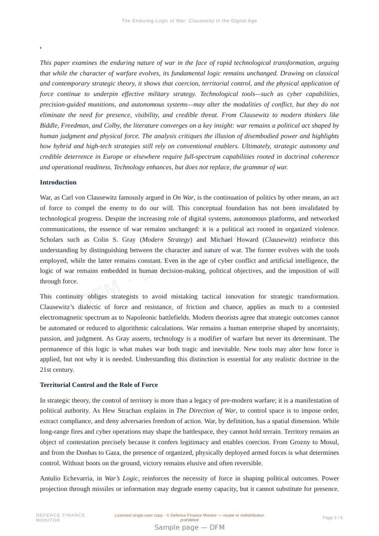 Sample page from “The Enduring Logic of War: Clausewitz in the Digital Age” — 7-page report