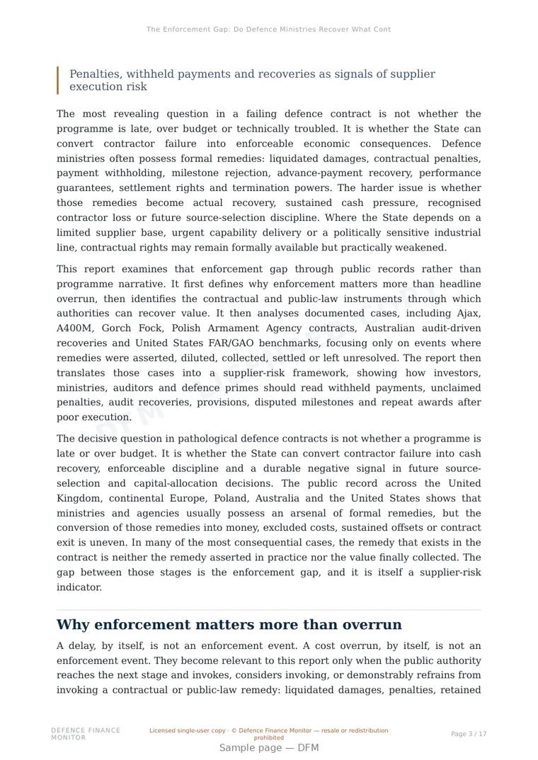 Sample page from “The Enforcement Gap: Do Defence Ministries Recover What Contractors Owe?” — 18-page report