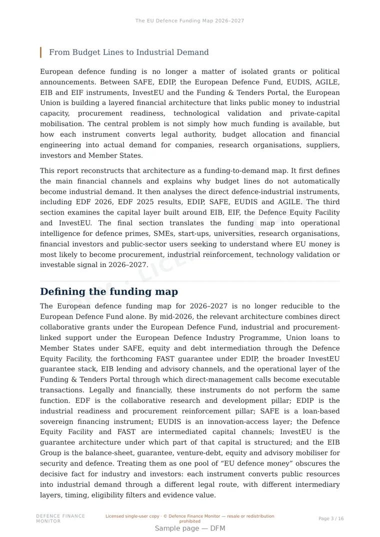 Sample page from “The EU Defence Funding Map 2026–2027” — 17-page report