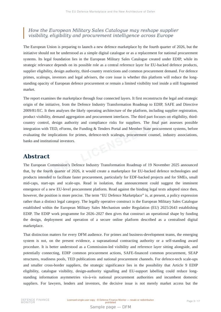 Sample page from “The EU Defence Marketplace and the New Architecture of Defence Procurement” — 18-page report