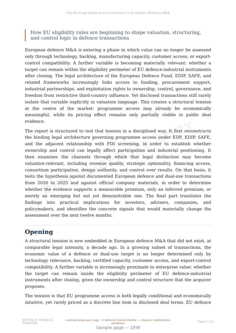 Sample page from “The EU Programme-Access Premium in European Defence M&A” — 22-page report