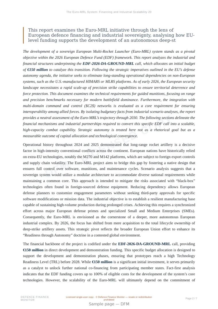 Sample page from “The Euro-MRL System: Financing and Industrial Scalability 2026” — 8-page report