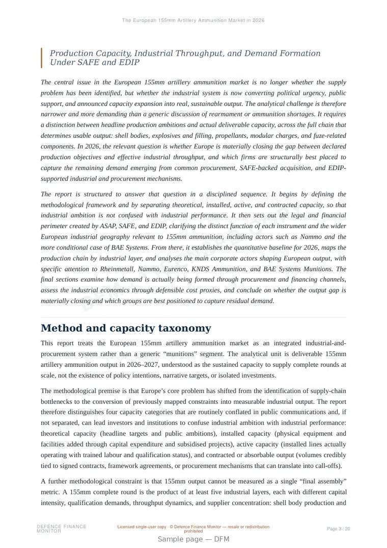 Sample page from “The European 155mm Artillery Ammunition Market in 2026” — 21-page report