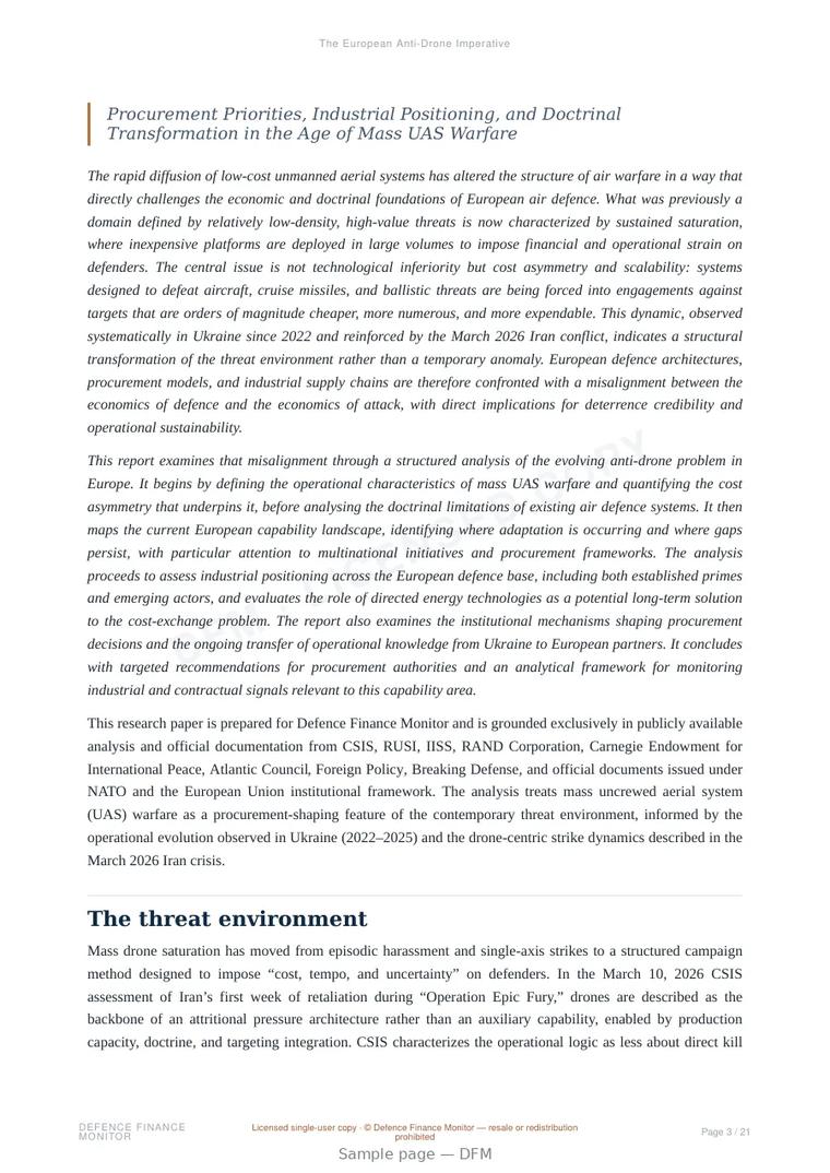 Sample page from “The European Anti-Drone Imperative” — 22-page report