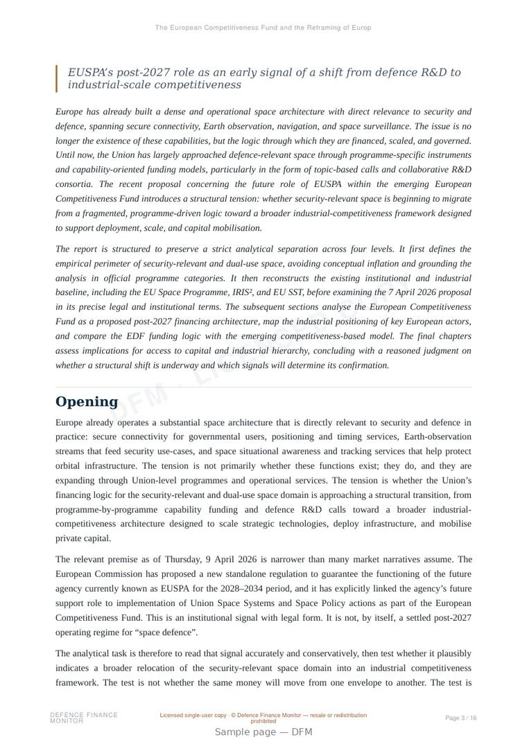 Sample page from “The European Competitiveness Fund and the Reframing of Europe’s Security-Relevant Space Financing” — 17-page report
