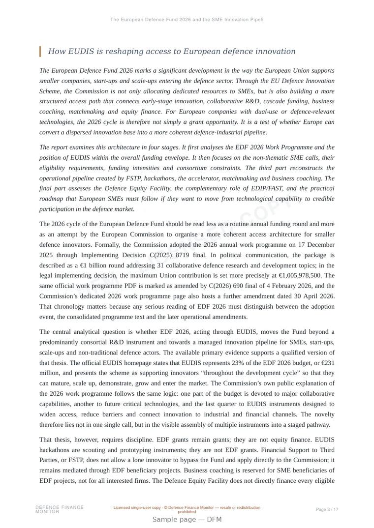 Sample page from “The European Defence Fund 2026 and the SME Innovation Pipeline” — 18-page report