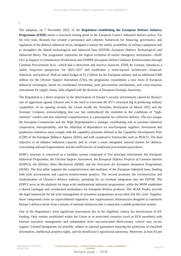 Sample page from “The European Defence Industry Programme: A New Industrial Architecture for European Defence” — 6-page report