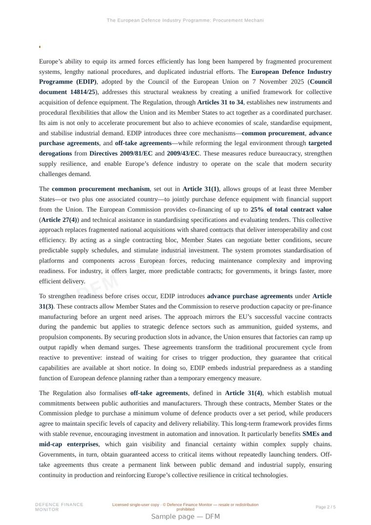 Sample page from “The European Defence Industry Programme: Procurement Mechanisms and Contractual Derogations” — 6-page report