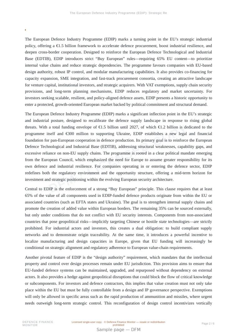 Sample page from “The European Defence Industry Programme (EDIP): Strategic Reorientation through Regulation and Investment” — 7-page report