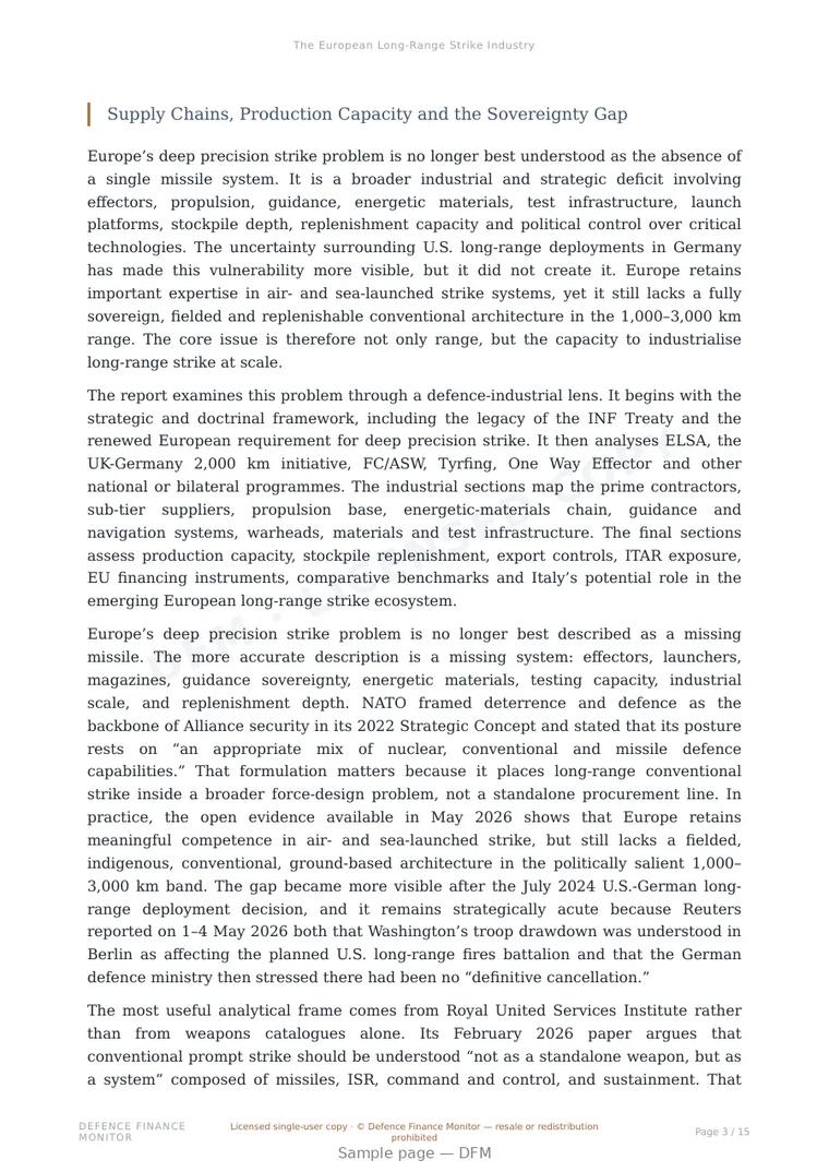 Sample page from “The European Long-Range Strike Industry” — 16-page report