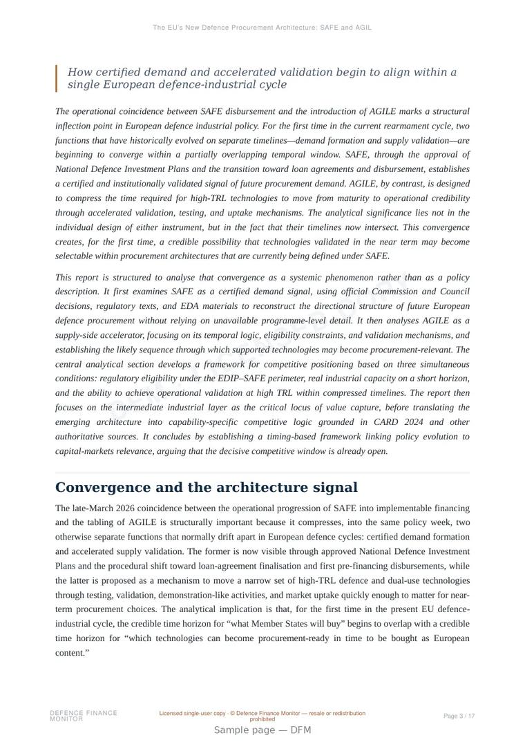 Sample page from “The EU’s New Defence Procurement Architecture: SAFE and AGILE in Convergent Motion” — 18-page report