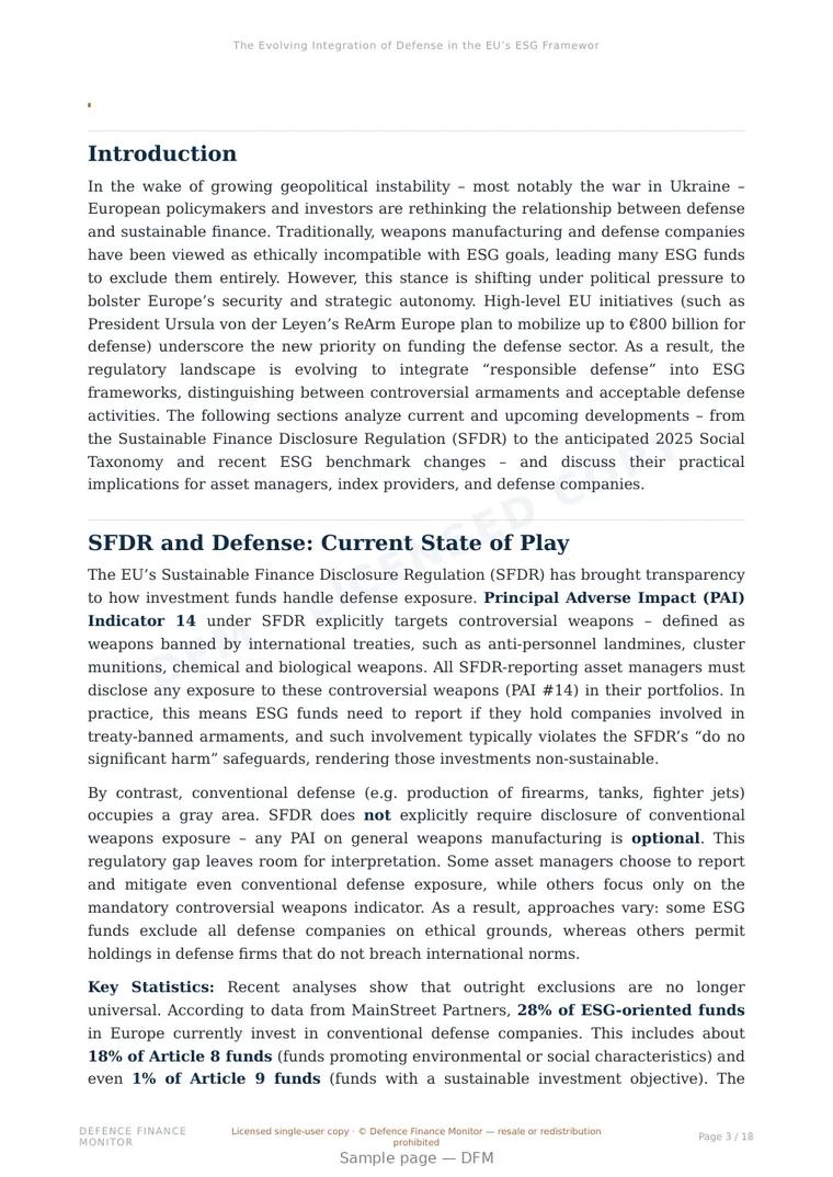 Sample page from “The Evolving Integration of Defense in the EU’s ESG Framework” — 19-page report