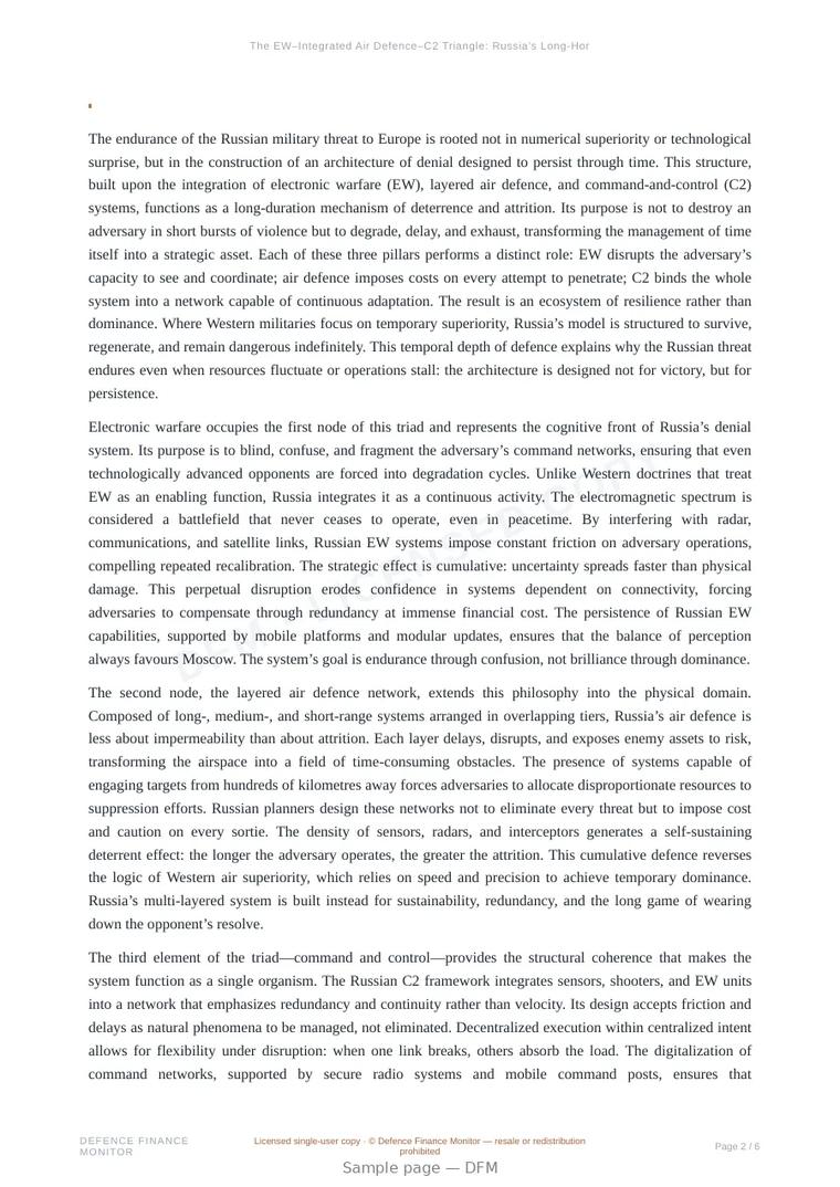 Sample page from “The EW–Integrated Air Defence–C2 Triangle: Russia’s Long-Horizon Denial Architecture” — 7-page report