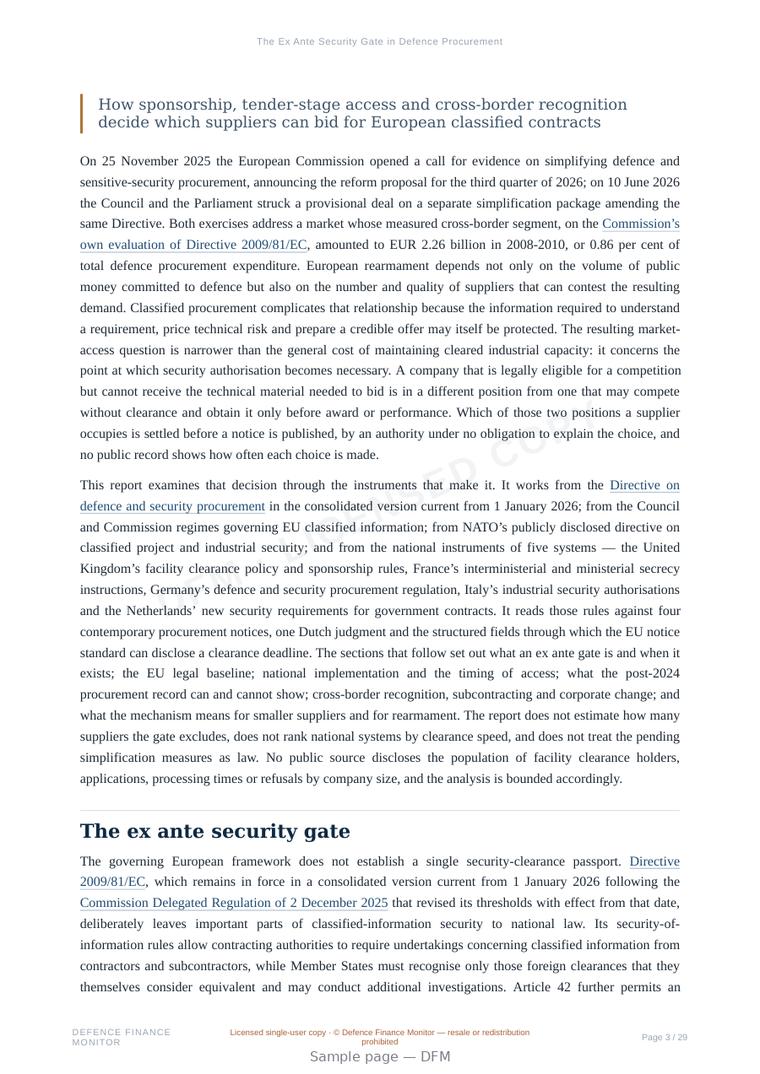 Sample page from “The Ex Ante Security Gate in Defence Procurement” — 30-page report