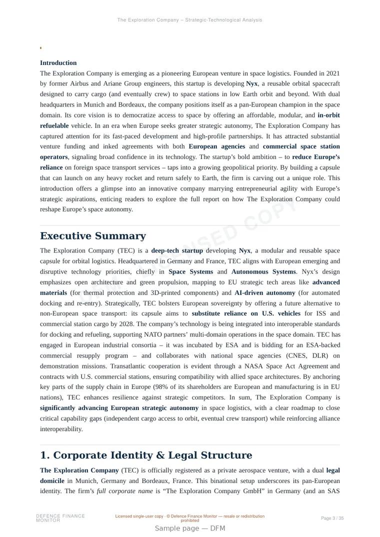 Sample page from “The Exploration Company — Germany launch systems company” — 36-page report