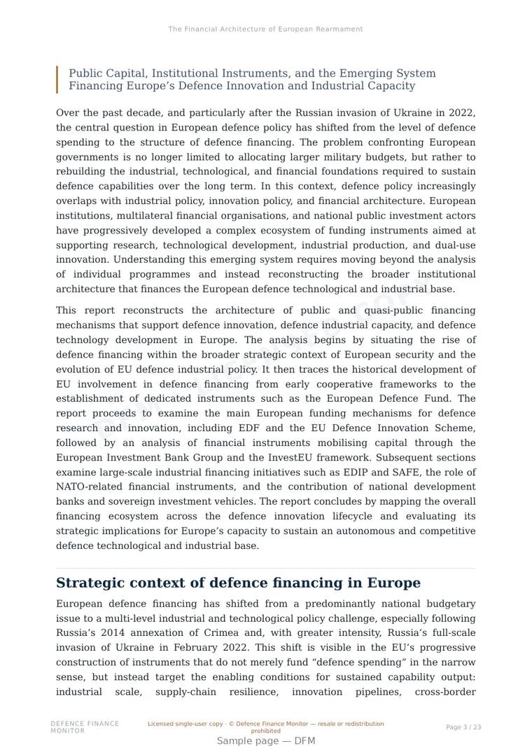 Sample page from “The Financial Architecture of European Rearmament” — 24-page report