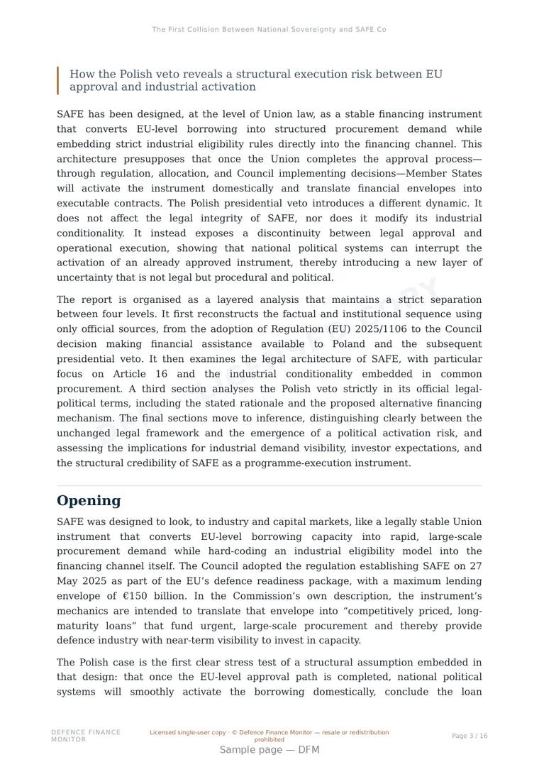 Sample page from “The First Collision Between National Sovereignty and SAFE Conditionality” — 17-page report